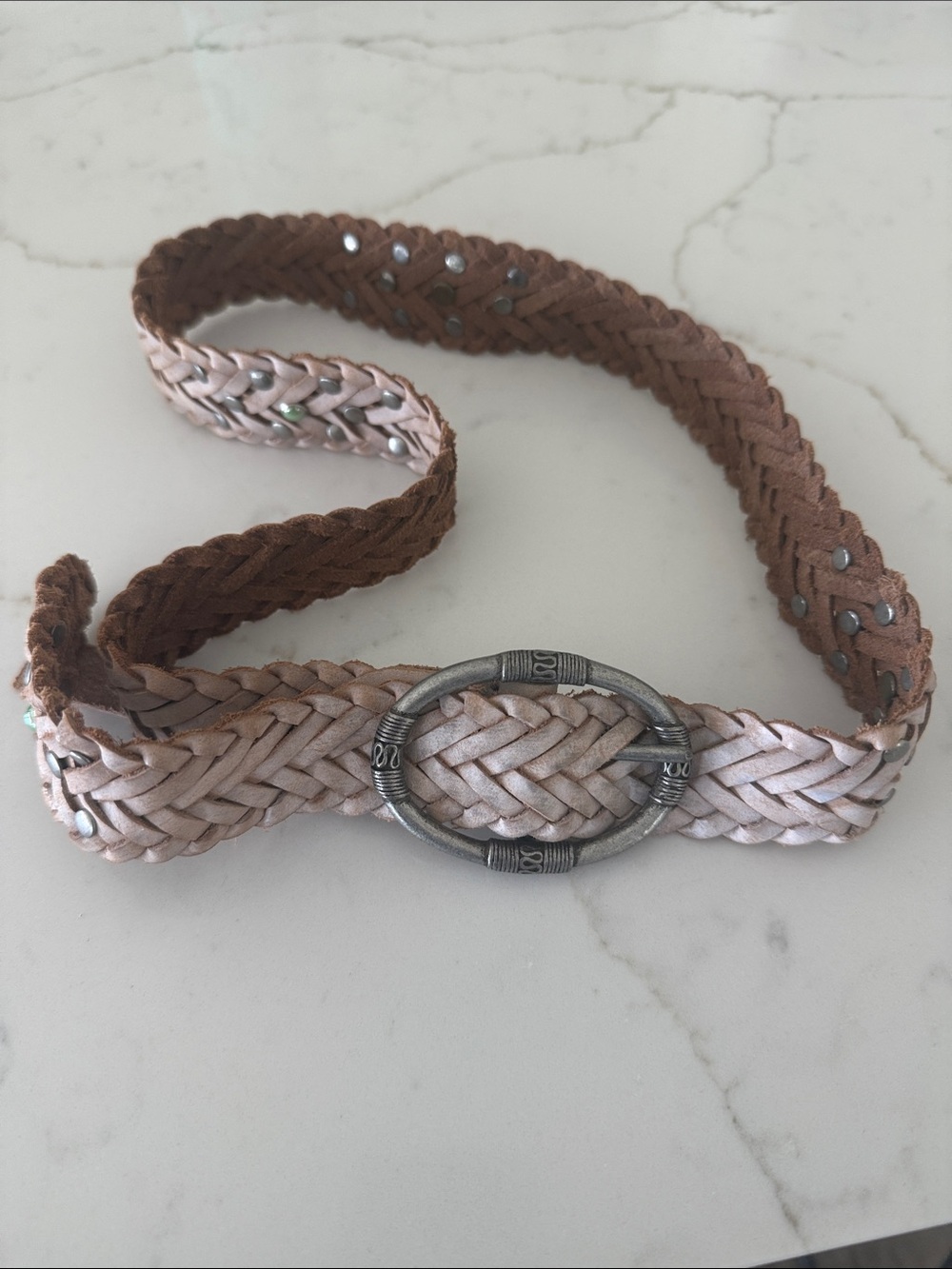 Free People Braided Two-Tone Blush Belt with Oval Silver Buckle
